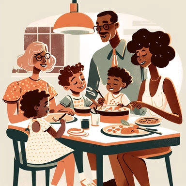 midcentury sketch clipart of family eating dinner at the table, everyone happy and smiling, the father is black, the mother is white, and the children are mixed race with curly hair