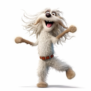 a skinny dog with frizzy hair, dancing, exceptionally funny, silly, goofy dog, full body image, pixar style, clipart, white background,