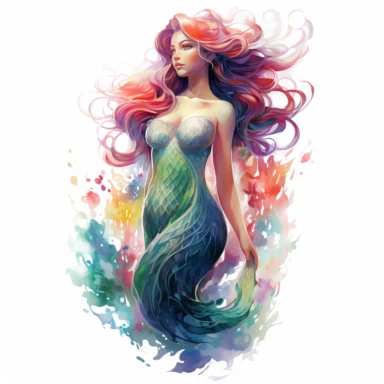 clipart isolated of a beautiful mermaid total body with a fishtail and long rainbow hair, watercolor