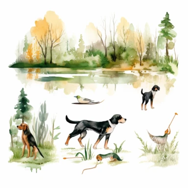 watercolor hunting scene in forest or fields with lake in vicinity on white background with setter and pointer dogs in pointing stand , illustrations clipart set, simple, , cartoon elements ,different variants , natural elements, separate elements with a margin, ,4k, high resolution, , natural colors, vibrant green tones, birds,