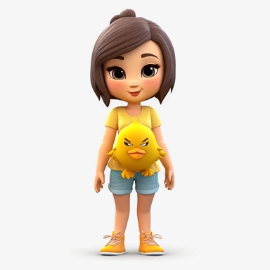 Front view of animated grown chick standing wearing t-shirt character design, full body, face drawing in top quality, high quality face drawing, clipart, full illustration, 4k, sharp focus, skin. Soft, symmetrical, detailed face, concept art, fairy tale style, Chibi Kawaii. Octane rendering, 3D, perfect face, detailed face, delicate face, perfectly sharp lips. model, detailed eyes