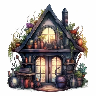 Magical style wizard's magic attic corner with watercolor effect, suitable for digital clipart, full of old magic tools, cabinet full of magical plants, a gothic style window with landscape, white background, magical scene, fairy dark colours