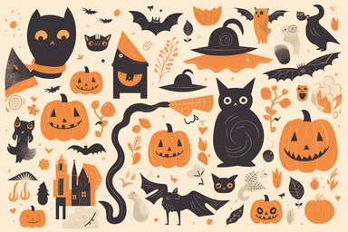 Halloween clipart, illustrations, and design elements set, Adobe Illustrator, flat design style, featuring various spooky and fun elements such as pumpkins, ghosts, witches, black cats, haunted houses, and more, perfect for creating Halloween party invitations, posters, social media graphics, or themed decorations