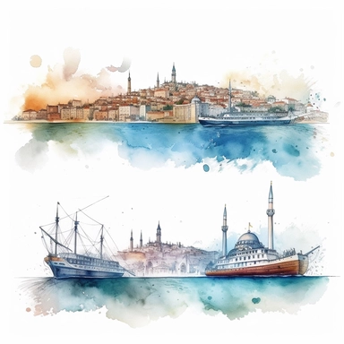 watercolor istanbul golden horn panaromic view seeing the both banks and modern time ships , illustrations clipart set, simple, , cartoon elements ,different variants , separate elements with a margin