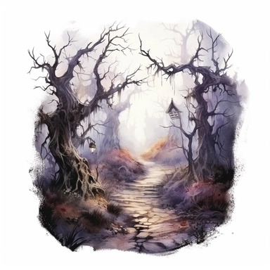 detailed isolated illustration of a fantasy haunted path, eerie vibe, watercolor illustration, high resolution clipart, isolated on white background