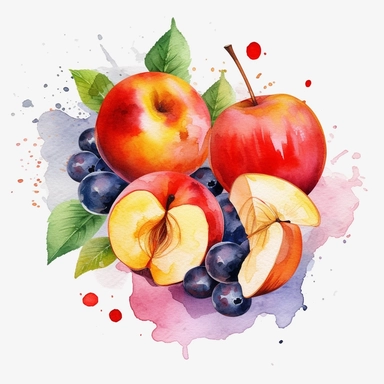 An apple fruit with a slice cut out, placed on a plate or tray with other fruits or desserts , Watercolor, pastels, clipart, beautiful, colourfull, png transparent white background, high resolution, no caption q4 s2