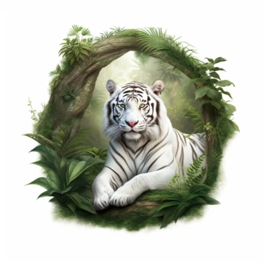 white tiger sitting under the forest clipart, white background, photorealistic, 4k, digital illustration