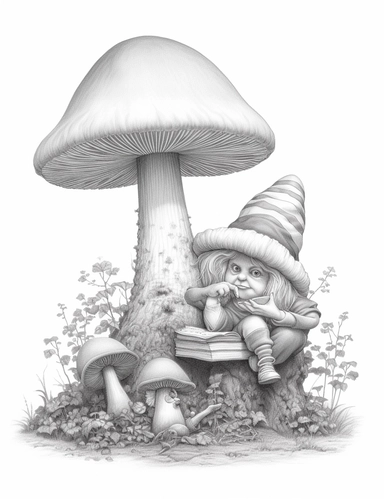 light gray and bubbles, two humanoid reading gnomes on a huge mushroom, highly detailed clipart, hdr, 32K, photo expert quality, greatest for coloring realistic, hyperrealistic and highly detailed, coloring book pages, isolated on a white background