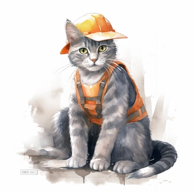 A clipart of a gray cat wearing a construction worker hat and an orange vest, working as a builder, watercolor style, realistic, bright colors, 300 dpi, 8k, white and clear background