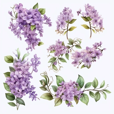 Lilac Corner Accents: Clipart elements featuring lilac flowers and leaves to embellish the corners of designs, using a color palette of lilac, pale pink, and soft green, Watercolor, Detailed, sweet, majestic, high resolition, transparent background, no captions