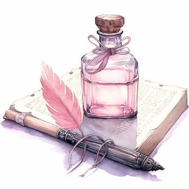 watercolor, hyper realistic, white background, white margins, 16k, ultra detailed clipart, cut out image, hand-drawn, whimsical manhwa style, ultra HD, sharp and clean art A quill pen with a heart-shaped tip dipping into a bottle of ink, next to a book with a delicate lace bookmark, set against a background of pale pink and soft beige.