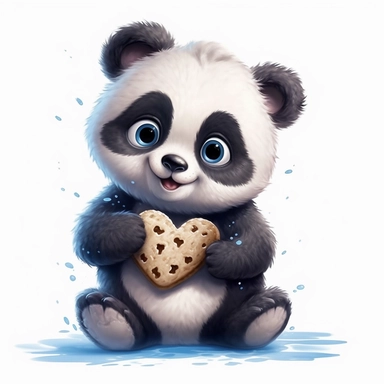 cute fluffy baby panda holding a cookie heart, disney style, clipart on white background