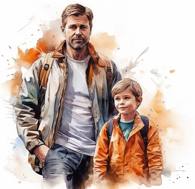 DESIGN A MAGNIFICENT AND EXQUISITE BREATHTAKING ONE-OF-A-KIND HIGH QUALITY HIGHLY DETAILED MASTERPIECE WATERCOLOR CLIPART ILLUSTRATION OF A father and the boy wearing the jacket and carrying him, in the style of realistic watercolor paintings, zack snyder, celebrity portraits with personality, david plowden, colorful woodcarvings, smooth and shiny, dark gray and light brown