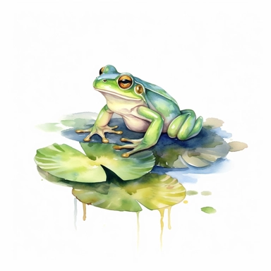 watercolor green frog on lily pad clipart, white background