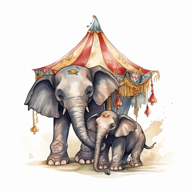 hand drawn Disney’s dumbo the baby elephant, oversized ears, loving his mother, 1920’s circus, glamorous, very detailed and realistic, watercolor, clipart style, white background with margins