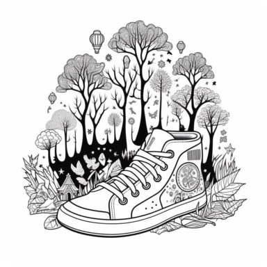 Coloring Page of Sneaker Enchanted Forest: Depict sneakers walking through a magical forest filled with talking animals, fairies, and ancient trees., Doodle Art, LSD, Simple Design, Clipart black and white, Flat Vector
