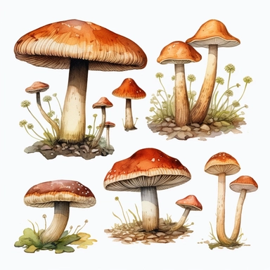 watercolor enokitake mushrooms clipart spaced apart in the wild