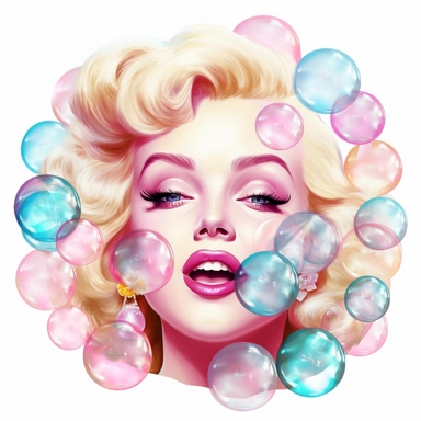 smiling angelic Marilyn Monroe blowing a pink bubblegum bubble and wearing pink glasses with big glass baby blue eyes clipart, white background, looking adorable and cute with shinny eyes and a teddy bear beside him with a human face, pastel colors and pastel light pinks and pastel purples and reds flowers and roses with majestic colors and majestic close up fantasy ethreal magical eternal clear water, Confident white tiger, nature, greens, river, turquoise, blues, pastel colours, light pink, sh
