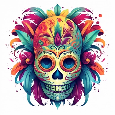 isolated flat clipart on a white background of a spooky day of dead themed voodoo mask tshirt design graphic, in the style of daniel f. gerhartz, transcendent, nikon d850, art of burma, captures the essence of nature, in the style of organic forms and patterns, expansive skies, hyper-detailed illustrations, i can't believe how beautiful this is, lively colors