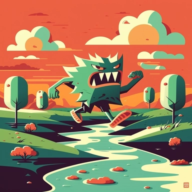 monster running，Stunning Anime Riverine landscape painting, in the style of Paul Klee and Atey Ghailan, Beksinki，Feet wearing hoka running shoes, flat design,illustration, cartoon, vector, sharp focus, super detailed, illustration, 16:9, v4, q2, 16k, High quality, clipart