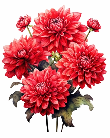 detailed vibrant watercolor classy pomander bouquet of 6 pieces red dahlia flower , isolated on white background, realistic, clipart