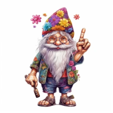 watercolor Hippie Gnome With Peace Sign Gnomes, PNG Clipart, Illustration clipart, 4K, extremely detailed Sublimation Clipart,Cartoon,hyper realistic, intricate detail, illustration style,high solution,on the white background