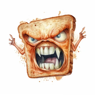 a horrifying face of a toast demon. scary looking, photorealistic, hyperealistic, watercolor, white background, clipart, ultra high detail, ultrarealistic,