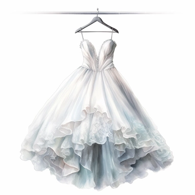 Capturing the timeless beauty and classic elegance of the wedding gown, hanging gracefully on an elegant hanger. Watercolor clipart, white background, HYPER-realistic