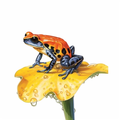 south american poison dart frog on a lily pad, jumping, scales, clipart, white background, realistic painting