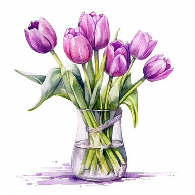 detailed vibrant watercolor bouquet of purple tulip flower in glass vase with water on white space , isolated on white background, realistic, clipart