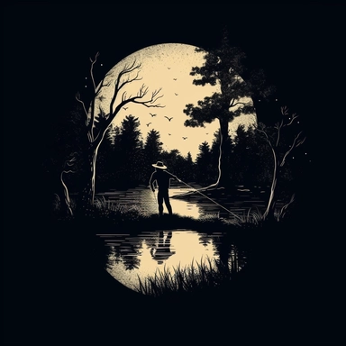a man fishing rod , tree, Vintage style minimalist line art, doutone, Clip Art , T-shirt design, Black background