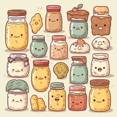 digital clipart style, spaced evenly, no overlapping, toasts, bread, and other bakery stuff with smiling face. Theme: bakery, breakfast, condiments, jams, jars. Cute overall theme.