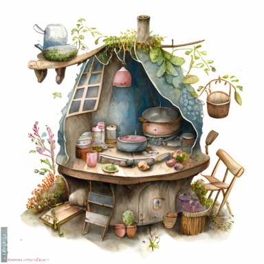 A hyper - detailed illustration watercolor clipart of a whimsical kitchen of a fairy house built out of natural materials by a human, complete kitchen utensil and kitchenware and foods in preparation watercolor illustration, illustration style a combination of Beatrix Potter and Tove Jansson, isolated on white background with margins, cut - out images, zoom on table , close up view