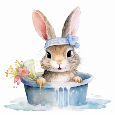clip art transparent background cute watercolor happy rabbit with birthday hat in a bathroom washing face beauty routine