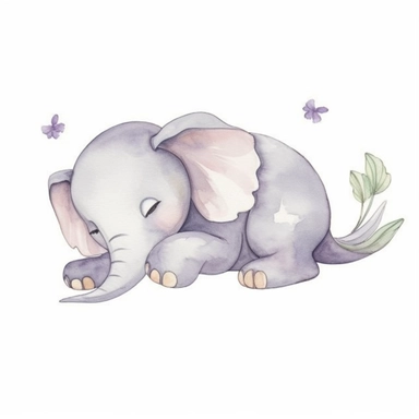 cute sleeping baby elephant, lying down, watercolor clipart as seen on Etsy. Cartoonish appearance with exaggerated body proportions, but anatomically correct limb positions and number. Perfect for decorating a baby's nursery. Bright pastel watercolors, l