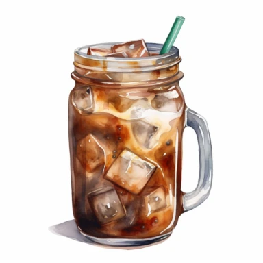 watercolor very realistic and detailed illustration of An iced coffee, clipart on white background