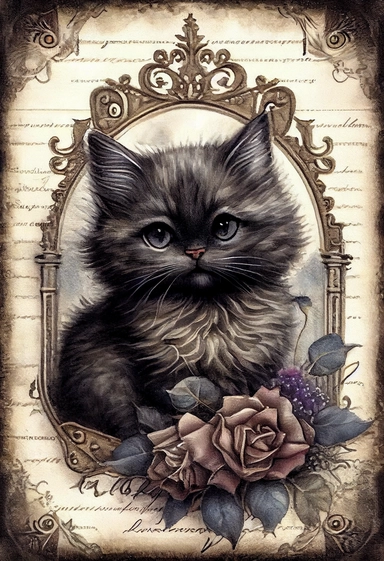 an adorable victorian cat by [Rebecca Latham + Sarah Stribbling + sumi-e + nicoletta ceccoli], Easter theme, epic scene, dark dark academia watercolor vintage CLIPART, illustration, hyper realistic, intricate detail clipart, watercolor, painterly, Jean-Baptiste Monge, drawing on top of old grunge beautiful scrapbooking background paper, old paper texture, decoupage printable digital background, distressed borders, vintage borders, grunge borders, shabby borders