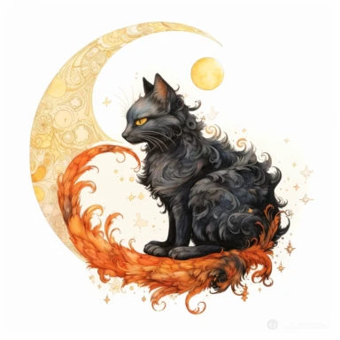 A beautifully painted cat with crescent moon behind it, hues of captivating orange, yellow and black, stunningly beautiful, refined and sophisticated, Hand drawn, Roberto Ferri, Clipart, watercolor, white background, intricate detail