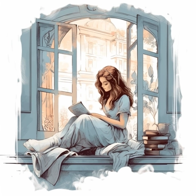 Girl Reading in a Window Seat: A clipart of a girl sitting in a window seat, surrounded by vintage books and enjoying a peaceful reading moment retro look vintage blueish colors pale colors pastel graphic vector illustration painting oil painting da vinci style white background