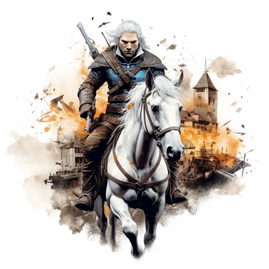 beautiful cities, horses, monsters and weapons as The witcher videogame, paint art style, clipart, white background, superrealistic, one of a kin