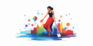 a maid with a mop, cleaning up colorful location data spilled on the floor, location icons are everywhere, clipart, vector graphic, very low detail, in the style of minimalist illustrator, white background
