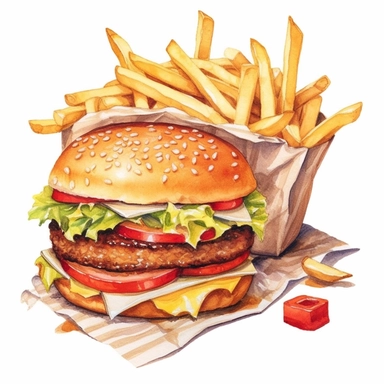 burger and fries, clipart, watercolor,