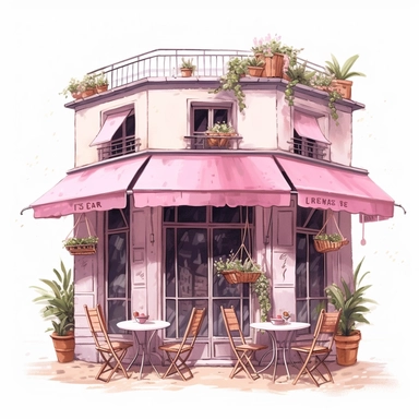 commercial shot of realistic french boho parisian pink pastel cozy cafe with open doors cute elegant tables and parasol and plants in front clipart, french cafe, high quality, intricate design, clipart witchcore dreamcore cottagecore white background no text, isolated on white, ghibli style, award winning