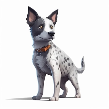 oilpainting, 2d icon of a super cute cartoon cattle dog standing clipart full body, 3d rendering, white background, clean
