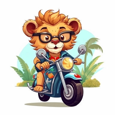 Create a clipart of a cute lion in a leather jacket riding a vintage motorcycle. Strong and vibrant colors. Jungle trees before a White Background, soft lighting.