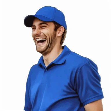 ultra camera realistic age 25 young man in vibrant royal blue polo shirt uniform laughing at a very funny joke with white background for a vector clipart