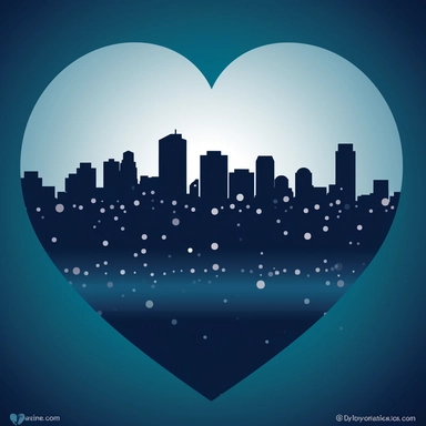 extremely simple corporate clipart, vector image of a city skyline at dusk inside a simple valentine heart sticker, PowerPoint, Adobe Illustrator, corporate clip art for a presentation, dark blue and light blue mood