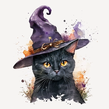 cute scary halloween cat watercolor clipart with witch hat high quality many details white background