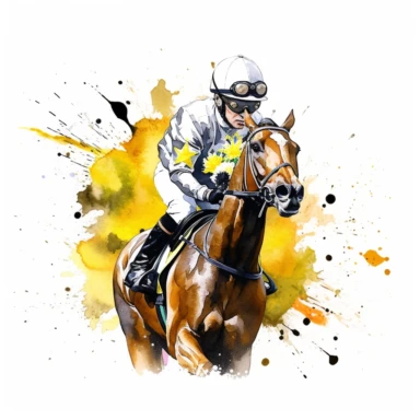 race horse, with jockey, yellow flowerswater color, white backhround, clipart