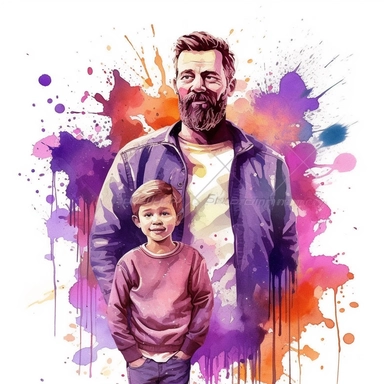DESIGN A MAGNIFICENT AND EXQUISITE BREATHTAKING ONE-OF-A-KIND HIGH QUALITY HIGHLY DETAILED MASTERPIECE WATERCOLOR CLIPART ILLUSTRATION OF a child and HIS FATHER with his beard, in the style of colorful animations, realistic yet stylized, light maroon and purple, rainbowcore, simplified and stylized portraits, ue5, 2d game art, WHITE BACKGROUND, NO FONT, NO TEXT, NO WORDS, NO WATERMARK